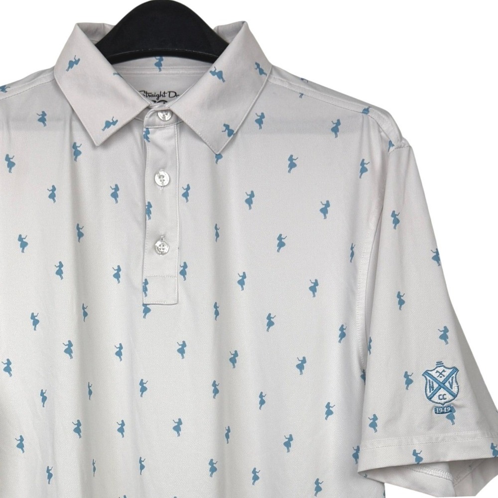 Straight Down x Hidden Valley Golf Polo Shirt Mens L Blue All Over Hula Girl AOP
